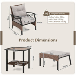 Costway 5 Piece Patio Furniture Set Outdoor Rattan Armchairs W/ Coffee Table & 2 Ottomans - thumbnail 3