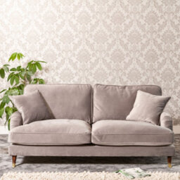 Mackenzie 188Cm Wide Grey 3 Seat Velvet Fabric Sofa With Brass Coloured Wheel Tipped Walnut Coloured Wooden Legs