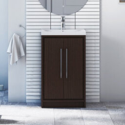 Royal Bathrooms Livora 500mm Walnut Woodgrain Cloakroom Floor Standing Vanity Unit 2 Door With Mid-Edge Basin