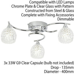 Semi Flush Ceiling Light Chrome Textured Glass 3 Bulb Hanging Pendant Lamp Shade - thumbnail 2