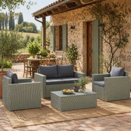 Wyld Haus Zisupa Light Grey 4-Seater Rattan Outdoor Sofa Set With Acacia Coffee Table - 4 Piece - thumbnail 2