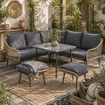 Wyld Haus Nofise 7-Seater Rattan-Style Garden Sofa Set With Coffee Table And 2 Stools - Light Brown Rope, Grey Cushions - image 1