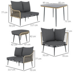 Wyld Haus Nofise 7-Seater Rattan-Style Garden Sofa Set With Coffee Table And 2 Stools - Light Brown Rope, Grey Cushions - thumbnail 4