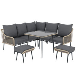 Wyld Haus Nofise 7-Seater Rattan-Style Garden Sofa Set With Coffee Table And 2 Stools - Light Brown Rope, Grey Cushions - thumbnail 2