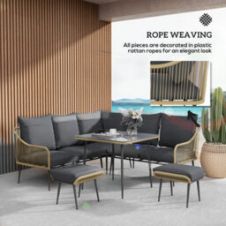 Wyld Haus Nofise 7-Seater Rattan-Style Garden Sofa Set With Coffee Table And 2 Stools - Light Brown Rope, Grey Cushions - thumbnail 8