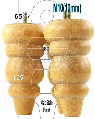 L&F Solid Wood Turned Furniture Feet 150mm High Oak Stain Finish Replacement Legs Set Of 4  M10 Pkc220 - image 1