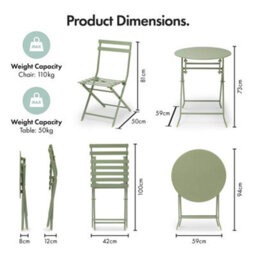 Vonhaus Folding Bistro Set For 2, Sage Green Garden Table & Chairs, Weather Resistant Steel Frame For Outdoors, Balcony And Patio - thumbnail 8
