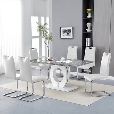 Furniture In Fashion Halo Melange Marble Effect Dining Table 6 Petra White Chairs - image 1