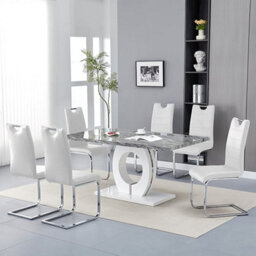 Furniture in Fashion Halo Melange Marble Effect Dining Table 6 Petra White Chairs