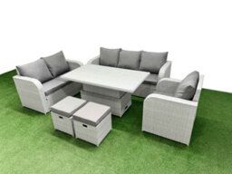 Fimous Pe Wicker 8 Seater Outdoor Rattan Furniture Sofa Sets Adjustable Lifting Dining Or Coffee Table Stool Light Grey - thumbnail 2