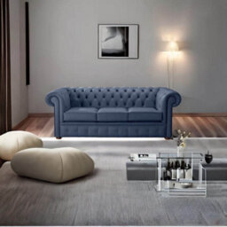 Chesterfield 3 Seater Shelly Majolica Blue Leather Sofa Bespoke In Classic Style - thumbnail 2