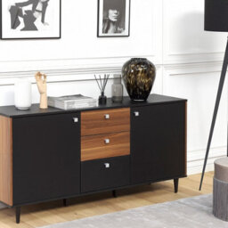 Beliani Black Sideboard With Dark Wood Cabinet, 3 Drawers And 2 Doors, 160 X 40 X 74 Cm - thumbnail 2