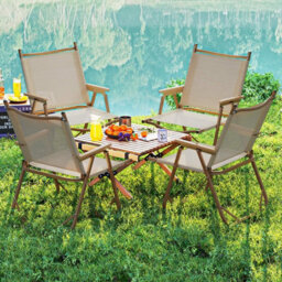 Costway Folding Camp Chairs Set Of 2 Outdoor Lightweight Beach Chairs-Beige - thumbnail 3