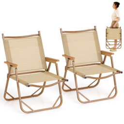 Costway Folding Camp Chairs Set Of 2 Outdoor Lightweight Beach Chairs-Beige - thumbnail 1