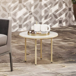 Outsunny Round Small Garden Table With Faux Marble Glass Top, Beige - thumbnail 7