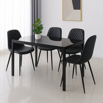 Kosy Koala Black Glass Dining Table Set With 4 Black Faux Leather Gem Pattern Chairs Dining Room Furniture - image 1