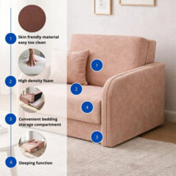 Armchair Sofa Bed With Guest Sleep Function And Bedding Box Easy 1 Pink Bonnell Sprung, Compact Design For Living Room - thumbnail 5