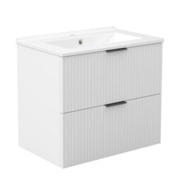 AVER-GROWTH 600mm Bathroom Vanity Unit With Ceramic Basin 2 Drawer Wall Hung Black Handles Matt White Bathroom Cabinet Storage Cupboard - thumbnail 1
