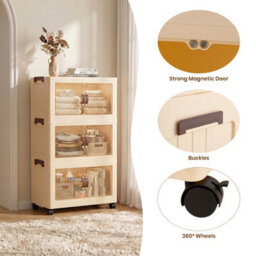 Darphe Magnetic Double Door Cream Clear Plastic 3 Tier Rolling Foldable Storage Cabinet - thumbnail 7