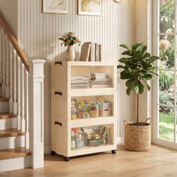 Darphe Magnetic Double Door Cream Clear Plastic 3 Tier Rolling Foldable Storage Cabinet