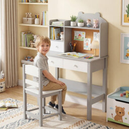 Gainoom Kids Grey Desk And Chair Set Wooden Children Study Table Student Writing Desk For Kids 3+ - thumbnail 3
