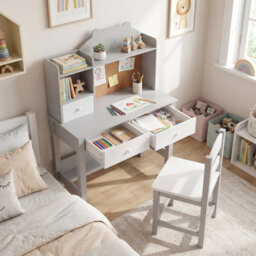 Gainoom Kids Grey Desk And Chair Set Wooden Children Study Table Student Writing Desk For Kids 3+ - thumbnail 4