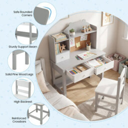 Gainoom Kids Grey Desk And Chair Set Wooden Children Study Table Student Writing Desk For Kids 3+ - thumbnail 5