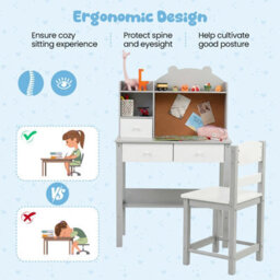 Gainoom Kids Grey Desk And Chair Set Wooden Children Study Table Student Writing Desk For Kids 3+ - thumbnail 8