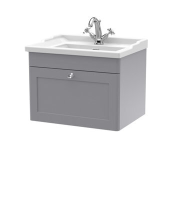 Balterley Swynnerton Traditional 1 Drawer Wall Hung Vanity Unit With Basin, Satin Grey, 600mm - image 1