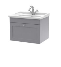 Balterley Swynnerton Traditional 1 Drawer Wall Hung Vanity Unit With Basin, Satin Grey, 600mm - thumbnail 1