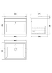 Balterley Swynnerton Traditional 1 Drawer Wall Hung Vanity Unit With Basin, Satin Grey, 600mm - thumbnail 2