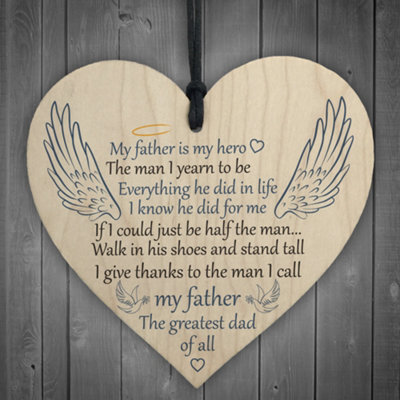Red Ocean Father Is My Hero Memorial Wooden Hanging Heart Grave Plaque Sign Angel Wings - image 1