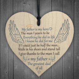 Red Ocean Father Is My Hero Memorial Wooden Hanging Heart Grave Plaque Sign Angel Wings - thumbnail 1