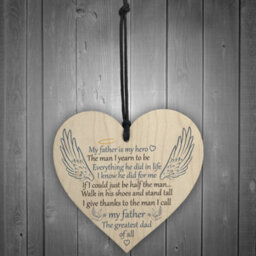 Red Ocean Father Is My Hero Memorial Wooden Hanging Heart Grave Plaque Sign Angel Wings - thumbnail 2