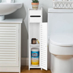 Wooden White Free Standing Toilet Paper Roll Holder Bathroom Storage Cabinet - thumbnail 3