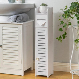 Wooden White Free Standing Toilet Paper Roll Holder Bathroom Storage Cabinet - thumbnail 5