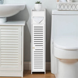 Wooden White Free Standing Toilet Paper Roll Holder Bathroom Storage Cabinet - thumbnail 4