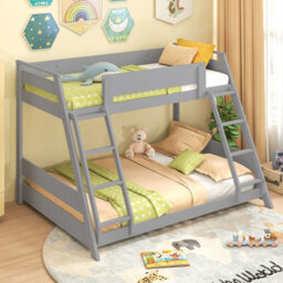 Costway Single Over Double Bunk Bed 2-In-1 Convertible Wood Bed Frame With 2 Ladders-Grey - thumbnail 5