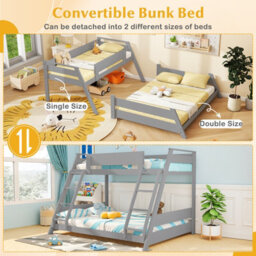 Costway Single Over Double Bunk Bed 2-In-1 Convertible Wood Bed Frame With 2 Ladders-Grey - thumbnail 6