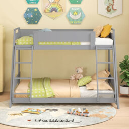 Costway Single Over Double Bunk Bed 2-In-1 Convertible Wood Bed Frame With 2 Ladders-Grey - thumbnail 4