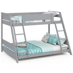 Costway Single Over Double Bunk Bed 2-In-1 Convertible Wood Bed Frame With 2 Ladders-Grey