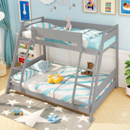 Costway Single Over Double Bunk Bed 2-In-1 Convertible Wood Bed Frame With 2 Ladders-Grey - thumbnail 3