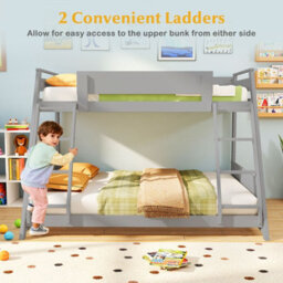 Costway Single Over Double Bunk Bed 2-In-1 Convertible Wood Bed Frame With 2 Ladders-Grey - thumbnail 8