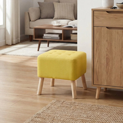 Living And Home Yellow Linen Upholstered Footstool With Button Tufted Seat, 41Cm W X 41Cm D X 41Cm H - image 1