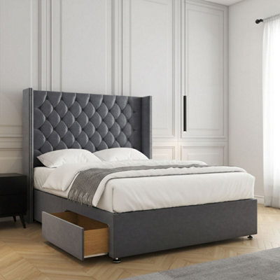 REGIONAL FURNISHINGS Steel Plush Velvet Divan Bed Set Upholstered 54Inch Headboard 2Drawersfootend & Mattress In Double King 4Ft 6Ft Sizes - image 1