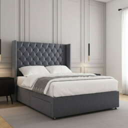 REGIONAL FURNISHINGS Steel Plush Velvet Divan Bed Set Upholstered 54Inch Headboard 2Drawersfootend & Mattress In Double King 4Ft 6Ft Sizes - thumbnail 3