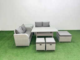 Fimous 7 Seater Outdoor Love Sofa Set Rattan Garden Furniture Set Rectangular Dining Table 3 Footstool Side Table Light Grey - thumbnail 1