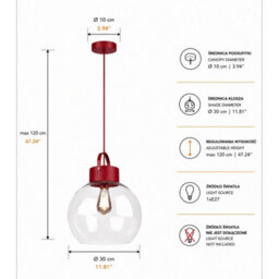 Luminosa Lighting Luminosa Hanson Dome Pendant Ceiling Light Burgundy Clear Glass Shade 1X E27 - thumbnail 4