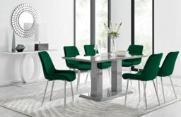 Furniturebox Imperia Grey High Gloss 6 Seater Dining Table With Structural 2 Plinth Column Legs 6 Green Velvet Silver Leg Pesaro Chairs