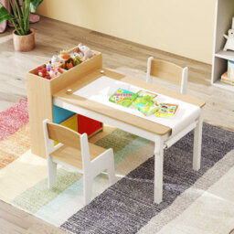 Gainoom Kids Art Table & Chairs Set W/paper Roll Wooden Kids Craft Study Desk W/storage Shelves - thumbnail 3